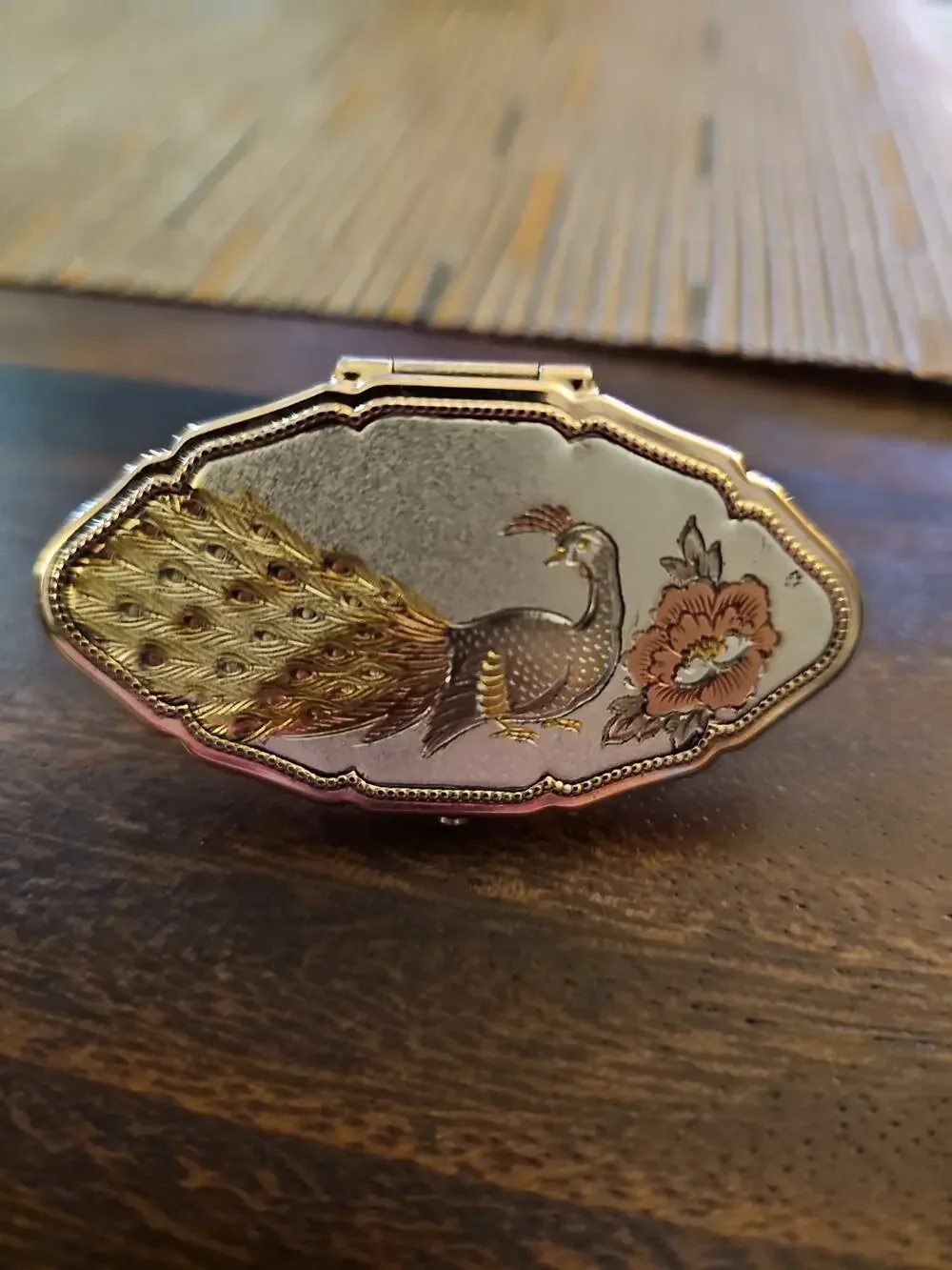 Vintage peacock enamel lipstick holder (metal compact case) Good...